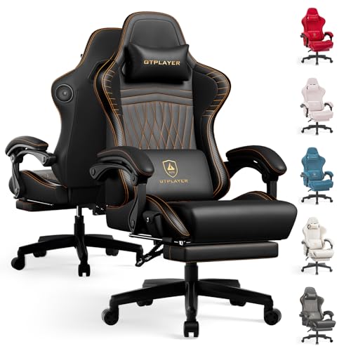 Image of GTPLAYER ACE-PRO Music Gaming Chairs - Built-in Speakers, App Support & Bluetooth Control, Computer Game Chairs with Footrest for Adults, Ergonomic, Reclining, Linkage Armrest, Black & Orange Stitch