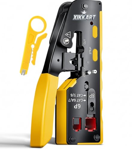 Image of XIKKART Cat7 RJ45 Crimping Tool Yellow | Pass Through Ethernet Crimper with Wire Stripper & Cutter | All-in-One Crimping Tool for Cat7, Cat6A, Cat6, Cat5e, Cat5 Network Cables Installation Tool Kit