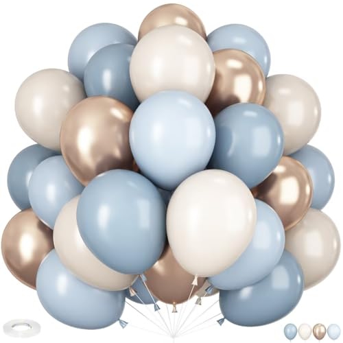 HILAVO Dusty Blue and Gold Balloons, 60 PCS 12 Inch Slate Fog Pastel Baby Blue Sand White and Gold Balloons for Baby Boy Shower Bridal Shower Birthday Wedding Party Decorations