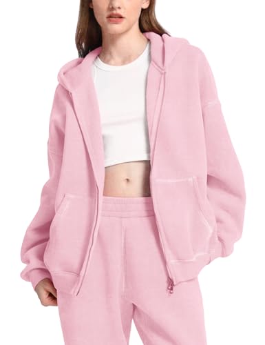 FAIABLE Mens Womens Double Zip Up Hoodie Oversized Acid Wash Hoodies Heavyweight Fleece Cotton Zipper Sweatshirt Vintage Y2k Full Zipup Jacket Couples Streetwear Pale Pink