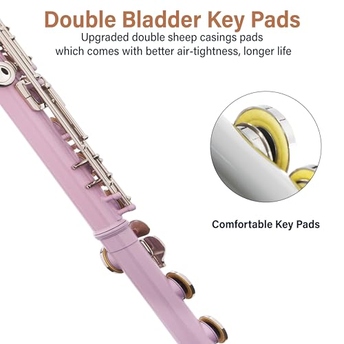 Image of Mendini by Cecilio 16 Keys Closed Hole C Flute Kit for Beginners - Pink | Beginner Flute Kit with Carrying Case, Stand, Tuning Rod, Adjustment Screws, Cork Grease, Lesson Book, Cleaning Kit, Gloves