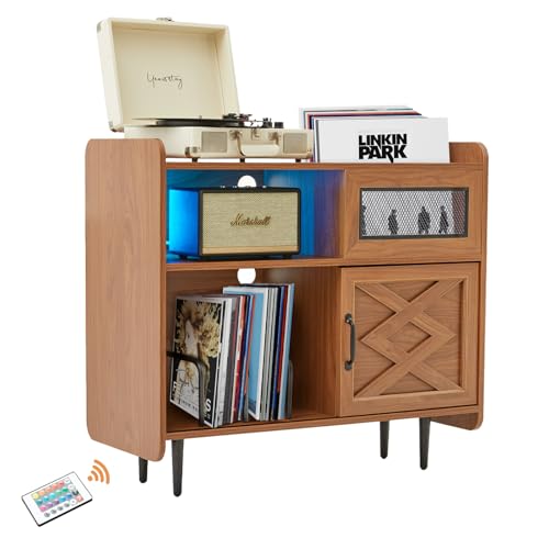Vinyl Record Player Stand with Charging Station & RGB Lights,Holds up to 350 Albums, Solid Wood Cabinet with Metal Legs for Turntable, Living Room