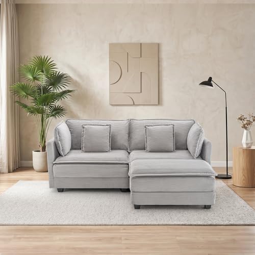 Image of 78.4 inch Corduroy Loveseat Sectional, Small L Shaped Sofa Couch with Ottoman for Apartment, Office, or Bedroom, Lightgrey