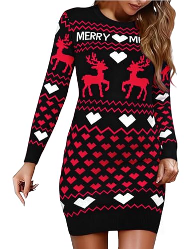 Uniexcosm Vestido Navidad para Mujer Vestidos Suéter Navideño de Punto Reno Invierno Manga Larga Vestido de Suéter Jersey Cuello Redondo para Mujer Negro-2, L