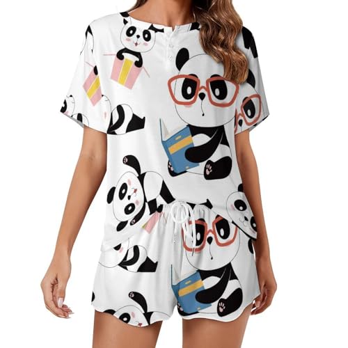 Pyjama court pour femme Panda Blanc ensemble de nuit d'été léger