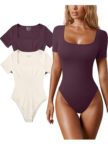 Image of OQQ Women's 2 Piece Bodysuits Sexy Ribbed One Piece Square Neck Short Sleeve Bodysuits