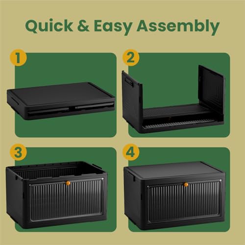 Image of 4 Tier Foldable Storage Box with Wheels, Stackable Plastic Storage Organizer with Lid & Front Door, Collapsible Storage Bins for Clothes, Toys, Office & Home Organization (Black 4 TIRE)
