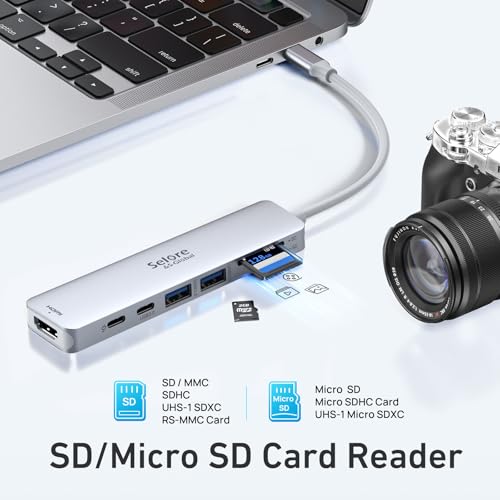 Image of Selore&S-Global USB C Hub HDMI Adapter for MacBook Pro /Air, 7 in 1 USBC Dongle with HDMI, microSD /SD Reader, USB C Data Port,100W PD and 2 USB 3.0 Compatible for MacBook Pro /Air(Light Sliver)
