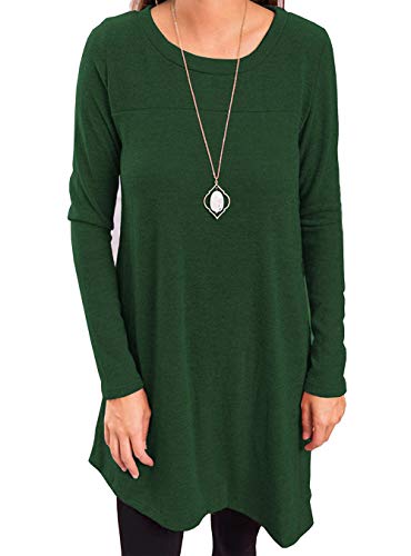 KORSIS Women's Long Sleeve Round Neck Button Side T Shirts Tunic Dress Deep Green L