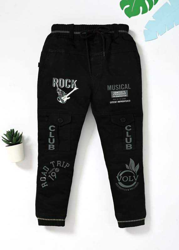 Image of Stylish Printed Joggers with Pockets | Soft Comfortable Elastic Waist Lower | Casual Outdoor Wear Trousers for Daily Use |Pack of 1 Boys Premium Cotton Satin Jeans Cargo Track Pants for Kids 2-7 Years