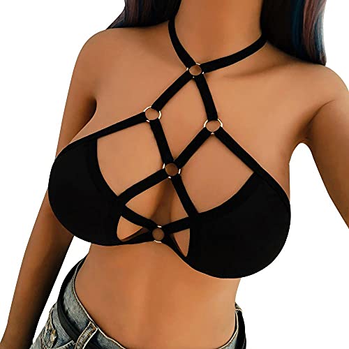 Women's Sexy Lingerie Strappy Halter Bra Cupless Crop Top Bandage Elastic Cage Bra Harness Bralette Sleeveless Underwear Black
