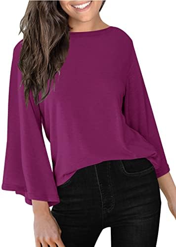 Dbtanjy Womens Casual Bell Sleeve Shirts - 3/4 Sleeve Tunic Crew Neck Tops Loose Fitting Blouse (X-Large, 1-Purple)