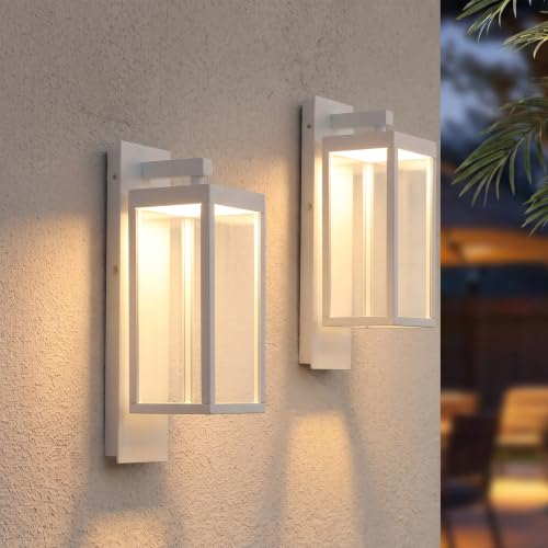 Image of Outdoor Wall Light Lantern 2 Pack LED White Modern Exterior Light Fixture with Clear Glass 13W Anti-Rust IP54 Waterproof Front Porch Light