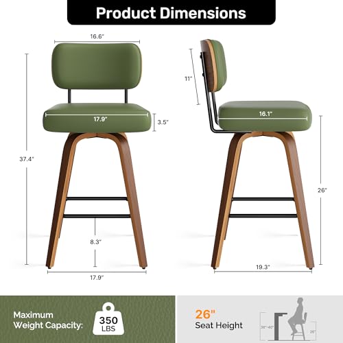 Image of Swivel Bar Stools Set of 5, 26 inch Upholstered Faux Leather Counter Height Barstools with Walnut Back & Bentwood Legs, Mid Century Modern Bar Chairs Island Stools for Kitchen Counter, Green