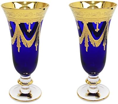 Interglass - Italy, Cobalt Blue Crystal Champagne Flutes, Vintage Design, 24K Gold Hand Decorated, 9 oz, Set of 2