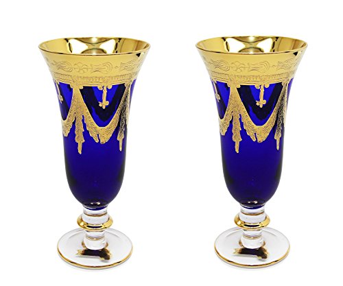Interglass - Italy, Cobalt Blue Crystal Champagne Flutes, Vintage Design, 24K Gold Hand Decorated, 9 Oz, Set Of 2 #TOP2
