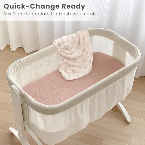 Image of Konssy 2 Pack Muslin Bassinet Sheets for Boys, Girls, 100% Cotton Soft Breathable Fitted Bassinet Mattress Sheet, 33 x 21 inches (Soft Blooms,Taupe)