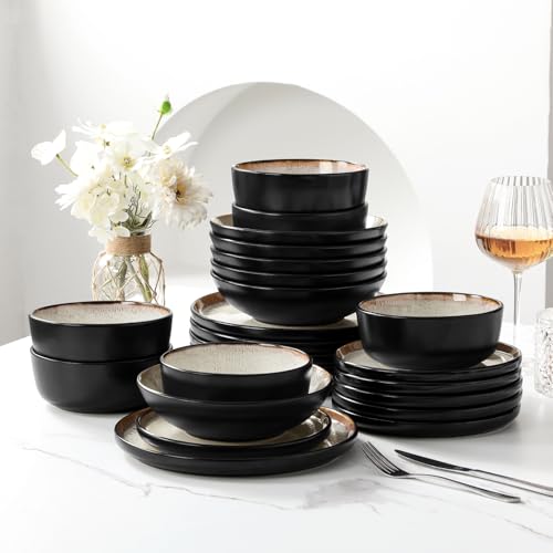 Steingut Geschirr Set 12 Personen Beige, vancasso AMBER Teller Set 12 Personen, Tafelservice 48tlg mit Speiseteller, Dessertteller, Suppenteller, Schüssel, Reaktive Glasur, Hellgelb, Spülmaschinenfest