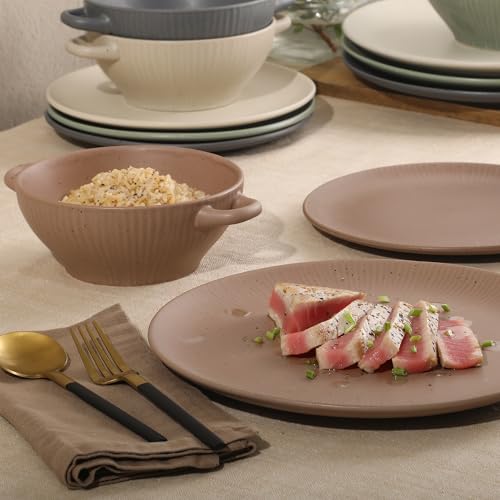 Image of Gibson Elite Clover Hill 12-Piece Stoneware Dinnerware Set - Assorted Colors in Sage Green, Charcoal, Taupe & Cream - Embossed Reactive Glaze Plates & Bowls, Microwave & Dishwasher Safe, Service for 4