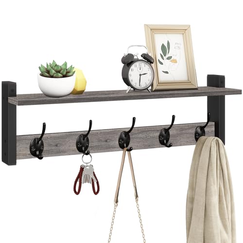 Image of Homode Wall Hooks With Shelf, 24 Inch Coat Rack Wall Mount for Entryway, Clothes, Backpack, Key, Purse - Floating Shelf Hanging in Bathroom, Bedroom, Hallway, Rustic Grey