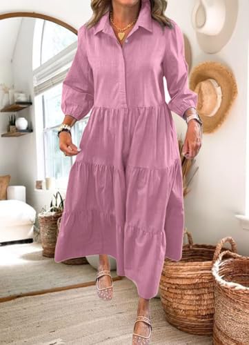 Image of chouyatou Women's Loose Fit Puff Sleeve Maxi Tiered Babydoll Dress V-Neck Cotton Long Button Down Dress