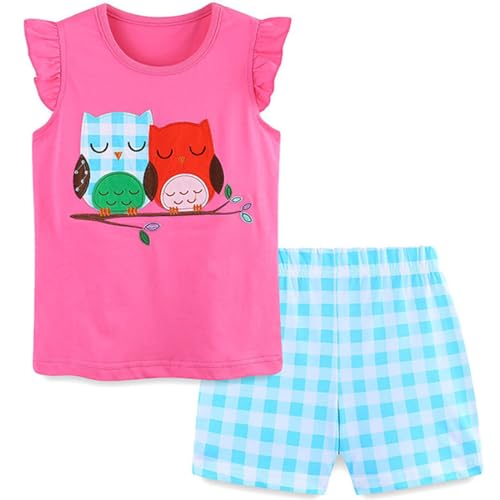 REWANGOING 2Pcs Baby Girls Cotton Butterfly Birds Summer Short Sleeve T-Shirt Tops and Short Outfits Clothes Set