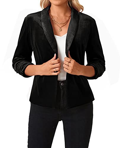 MINTLIMIT Women's Velvet Blazer 3/4 Ruched Sleeve Open Front Blazers Casual Lightweight Shawl Lapel Jackets4