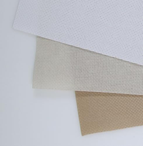 Image of KCS 3 pc of 15 inch x 18 inch(38cmx45cm) Counted Cross Stitch Cotton Aida Cloth Needlework Rolled Fabric Box,16CT,Khaki+Pearl Grey+White