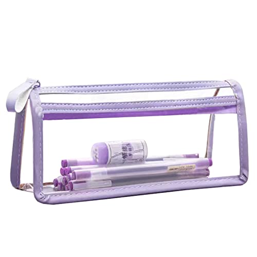 FIYUK Clear Pencil Case Bag Pen Holder Stationery Dual Zipper Organizer Makeup Pouch for School Office Travel, Purple
