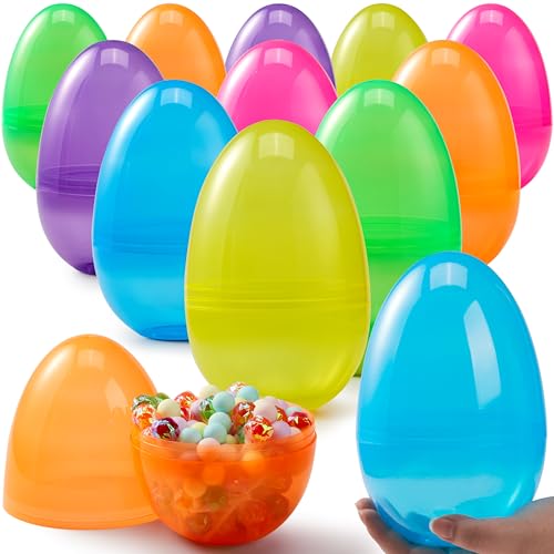 JOYIN 6 Pcs 7' Jumbo Plastic Easter Eggs, Clear 6 Assorted Colors Empty Eggs for Filling Treats Easter Party Favor Hunt Basket Stuffers Fillers Classroom Prize Supplies Toy