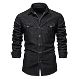 Aunribor Men's Denim Shirts Regular Fit Cotton Long Sleeve Button-Down Shirt with Pockets Casual Everyday Wear Classic Top Spring Fall Black