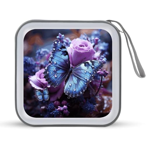 JTREHY 40 Sheets Capacity CD Case Storage Bag,Purple Rose with Beautiful Butterfly Printed Portable Zipper CD DVD Case Holder Large Capacity CD Wallet for Car, Home, Office, Games Disc, Audio Music