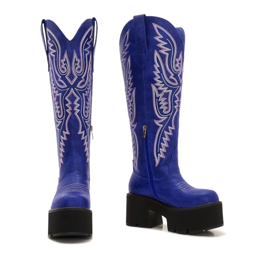 Image of Uillnoodu Wide Calf Cowboy Boots Women Adjustable Lace Up Knee High Tall Plus Size Cowgirl Boots Western Style Comfortable 2-Inch Heel