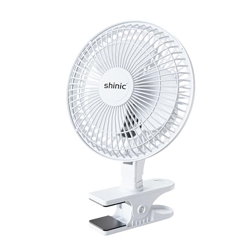 shinic 6'' Portable Clip On Fan with Strong Clamp, 2-Speed, Adjustable Head,Powerful Airflow, Quiet Mini Personal Desk Fan, Bedroom, Office, Indoor Use (White)