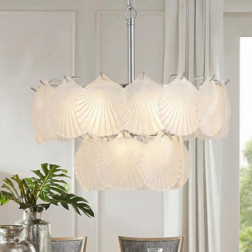 Neorubeo Round Seashell Chandelier 5-Light 2 Layer Glass Shell Chandelier Adjustable Height Art Deco Coastal Ceiling Light Fixture for Dining Rooms Living Room