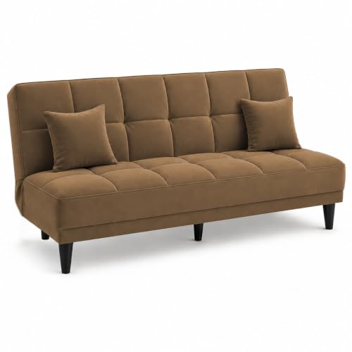 Image of Adorn India Alyssum 3 Seater Sofa Cum Bed 4X6 Velvet 2 Cushions (Color Camel) and Suitable for All Indoor, with 3 Years Warranty