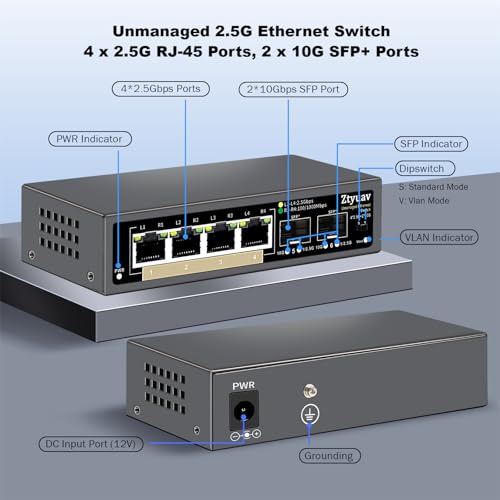 Image of 6 Port Unmanaged 2.5G Ethernet Switch with 4 x 2.5G RJ-45 Base-T Ports, 2 x 10G SFP+, Ports Speed Auto-Negotiation-100 /1000 /2500Mbps, One-Key VLAN, Plug & Play, Fanless & Metal