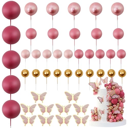 LARDUX 45 PCS Ball Cake Toppers - Butterfly Cake Decorations DIY Mini Balloon Cupcake Insert for Girl Kids Women Birthday Party Baby Shower Wedding - Rose Pink