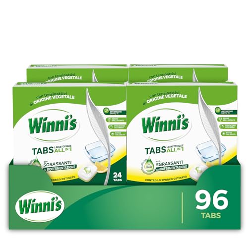 Winni's - Pastiglie per Lavastoviglie, 192 Tabs, Detersivo Multiazione Detergente, Sgrassante, Antiodore e Brillantante, Fragranza di Limone, con Materie Prime di Origine Vegetale, Confezione da 8