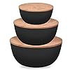 Panghuhu88 Salad Bowl with Lid, Set of 3 (7" + 8.8" + 11") Serving Bowl with Bamboo Cover, Bamboo Fiber Mixing Bowl for Salad Cereal Pasta Soup Fruit Popcorn Chips (Black)