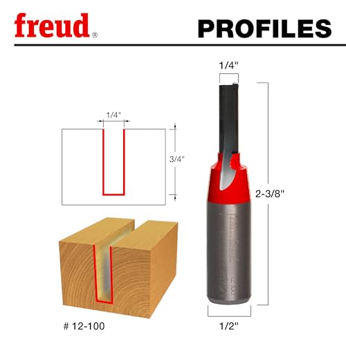 Image of Freud 12-100: 1 /4 inch (dia.) Double Flute Straight Bit with 1 /2 inch shank, 2-3 /8 inch overall length, Red