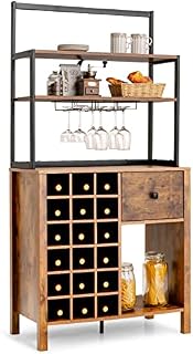 COSTWAY Sideboard with Hutch Shelf, Buffet Wine Cabinet with Glass Holder and Wine Rack, Free Standing Utility Storage Cabinets for Kitchen Living Room Dining Room (Rustic Brown)