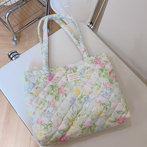 Image of Floral Quilted Cotton Shoulder Bag for Women Daily Use Medium Size Handbag Large Capacity Thickened Design Tote