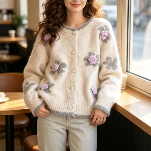 Image of FindThy Women's Kawaii 3D Floral Cardigan Long Sleeve Crewneck Knit Cardigan Sweaters