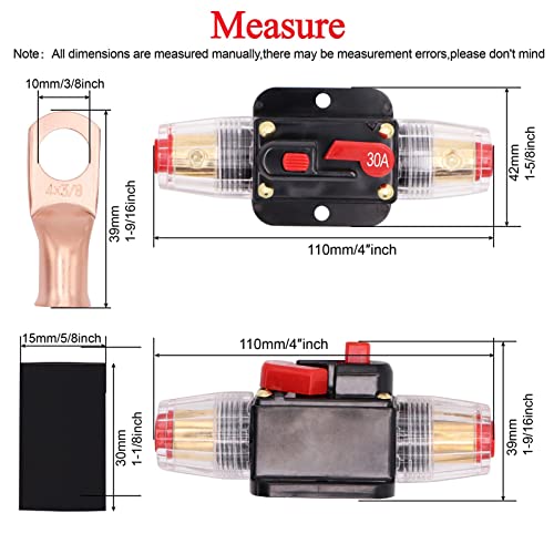 30A Audio Inline Circuit Breaker 12V, High Voltage Stereo Fuse Holder 30amp with Manual Reset for Car Audio RV Home Marine Boat Truck,with Heavy Duty Wire Lugs(4 * 3/8 AWG)