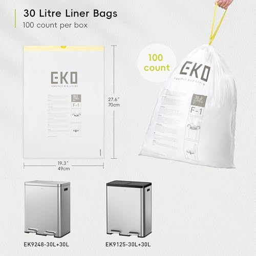 Image of EKO 8 Gallon / 30.3 Liter,100 Count Drawstring Trash Bags, Extra-Strong Unscented Garbage Bags, Easy-Dispense Roll for Kitchen & Household Use, Resists Tears, Leaks and Punctures, Code F-1, White