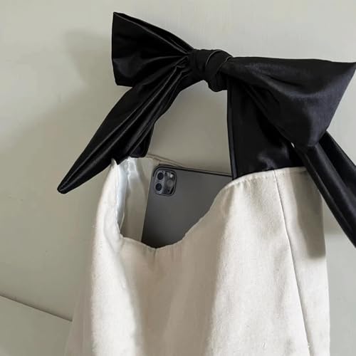 Slouchy Shoulder Bag Bow Canvas Bucket Tote for Women Lightweight Black Knot Purse Large Elegant Old Money Handbag Fall4