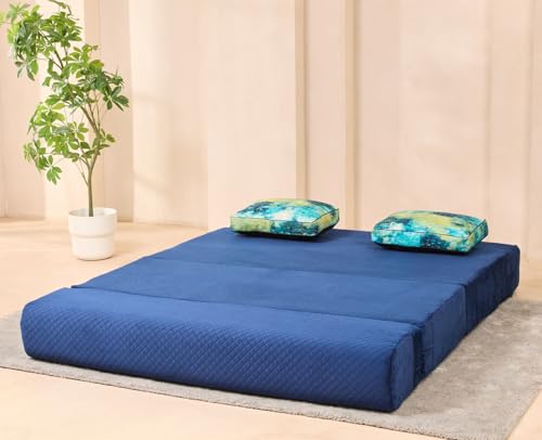 Image of uberlyfe Xtra High, Xtra Soft 3 Seater (5' x 6') Sofa Cum Bed | 1 Year Warranty | 17 inch Sofa Height | Queen Size Foldable Bed | Plush Laser Quilted Fabric |2 Cushions Ocean Hues Pattern| Deep Blue Color