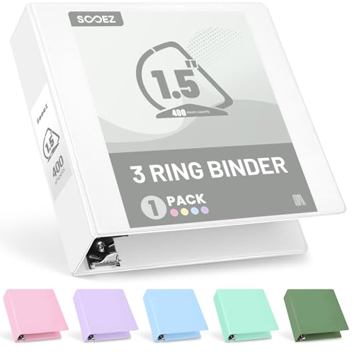 Sooez 3 Ring Binder 1.5 Inch, D-Ring Binder with Pocket, White, 8.5x11