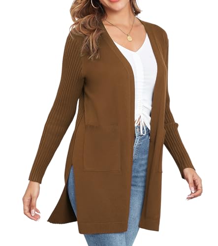 Image of Women's Cardigan Sweaters V-Neck Long Sleeves with Two Pockets Side Split Hem Open Front Knit Casual Cardigan